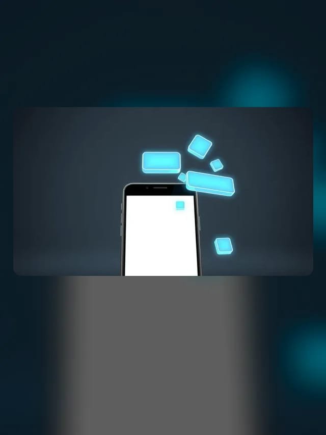 Teléfono con pantalla en blanco brillante rodeado de botones y gráficos translúcidos flotando