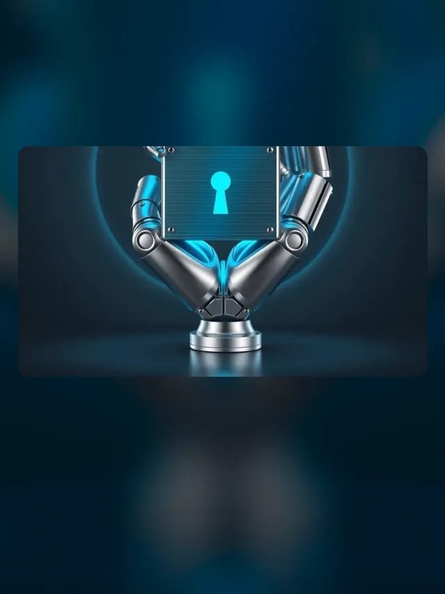 Mano robótica de metal cepillado sosteniendo una placa con cerradura luminosa cian