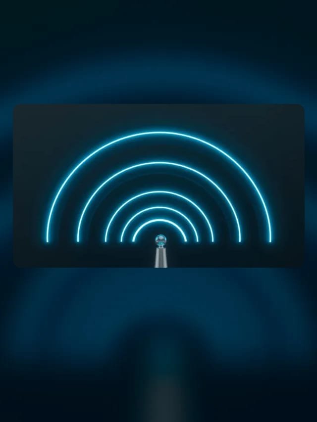Arcos de sinal Wi-Fi em ciano irradiando de uma antena de aço escovado