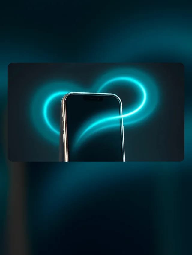 Celular con pantalla oscura y ondas de luz cian alrededor