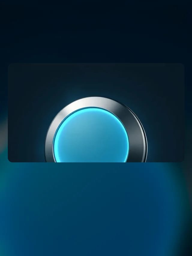 Disco redondo metálico con centro que brilla en cian, como un altavoz inteligente