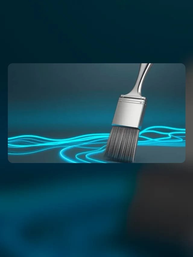 Pincel metálico desenhando linhas de luz ciano que formam uma paisagem abstrata sobre fundo grafite