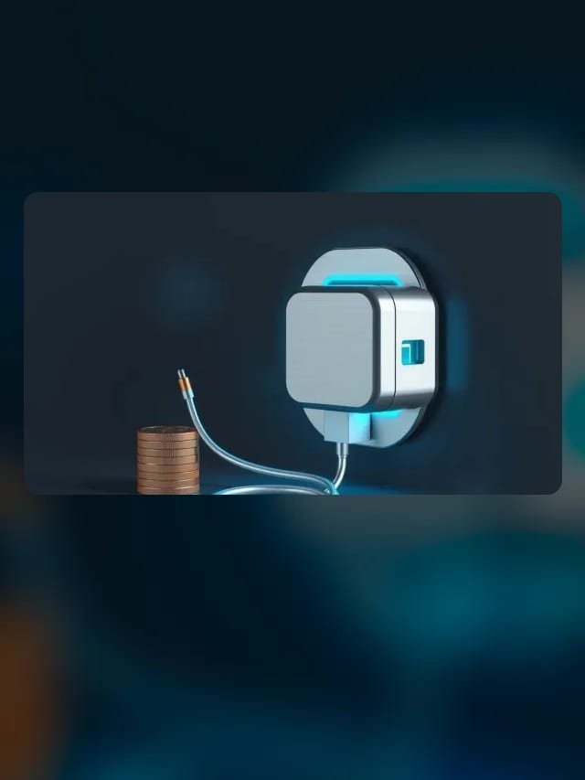 Carregador de parede para carro elétrico ao lado de uma pilha de moedas