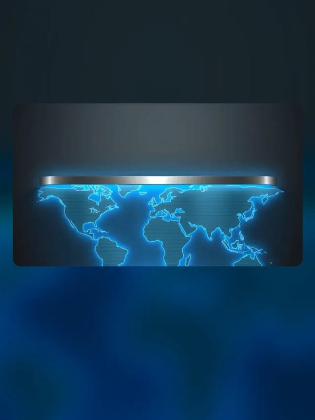 Mapa-múndi luminoso em ciano sobre uma placa de aço escovado