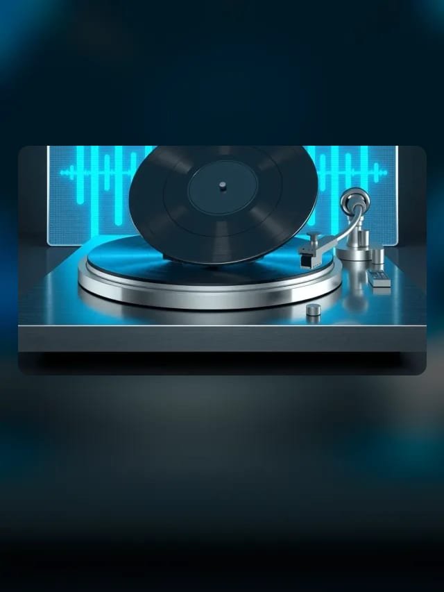Tornamesa metálica con un disco de vinilo frente a ondas de sonido cian