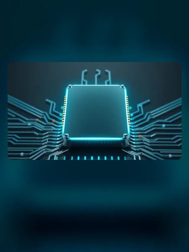 Microchip cian brillante rodeado de líneas de circuito sobre fondo grafito