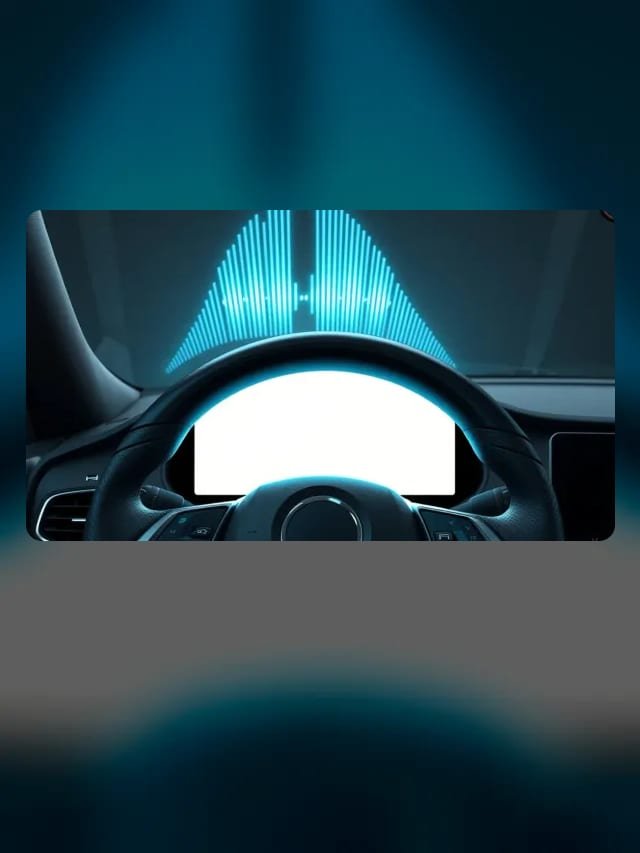 Volante de carro com ondas sonoras ciano subindo de um painel de tela apagada