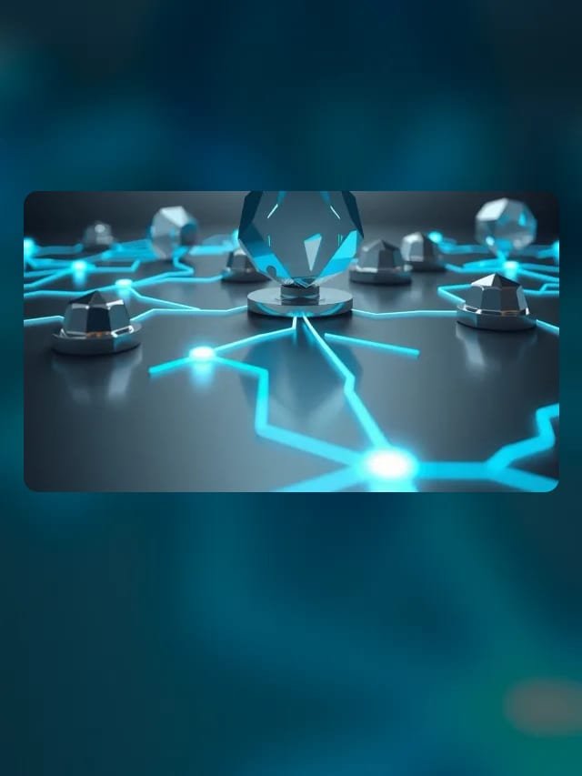 Pequeñas gemas de cristal cambiadas por módulos metálicos brillantes unidos por líneas de circuito cian