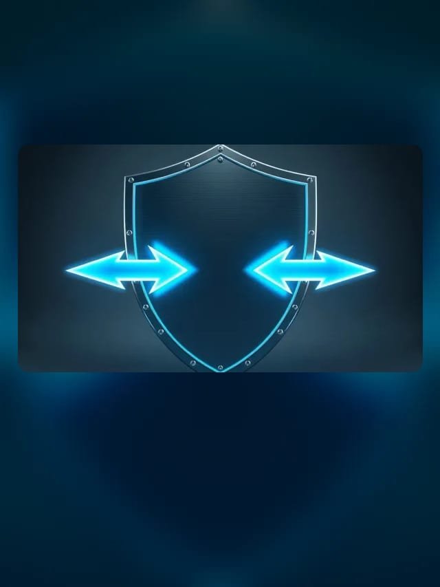 Escudo de aço escovado com duas setas ciano brilhantes apontando uma para a outra