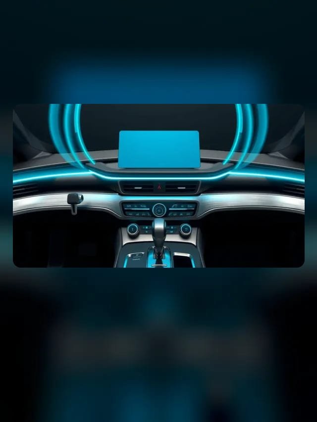 Painel de carro de aço escovado com tela em branco e ondas de voz ciano