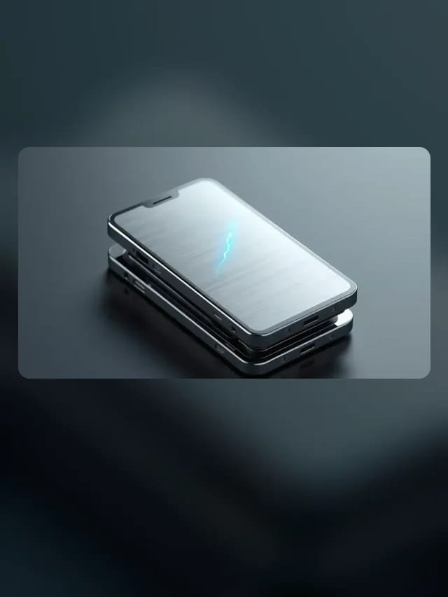 Smartphone de aço escovado com uma fina rachadura de luz ciano na tela
