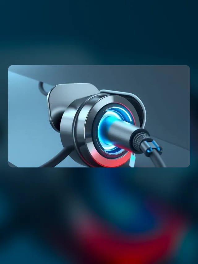 Conector de carga de auto eléctrico con brillo cian y cable negro, sobre fondo oscuro