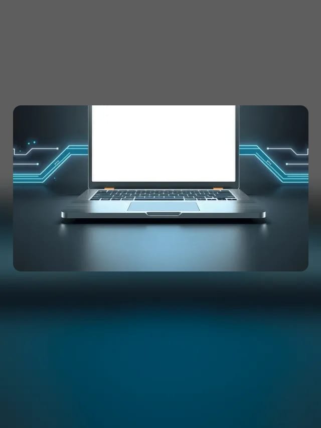 Laptop metálica y delgada abierta con pantalla brillante en blanco