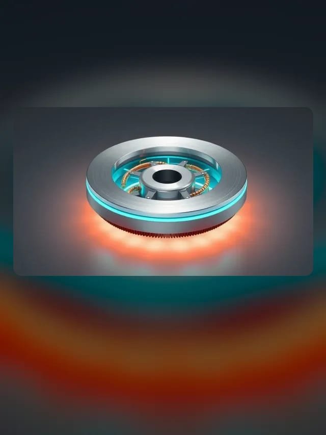 Motor elétrico em formato de disco metálico com linhas de circuito ciano sobre fundo grafite