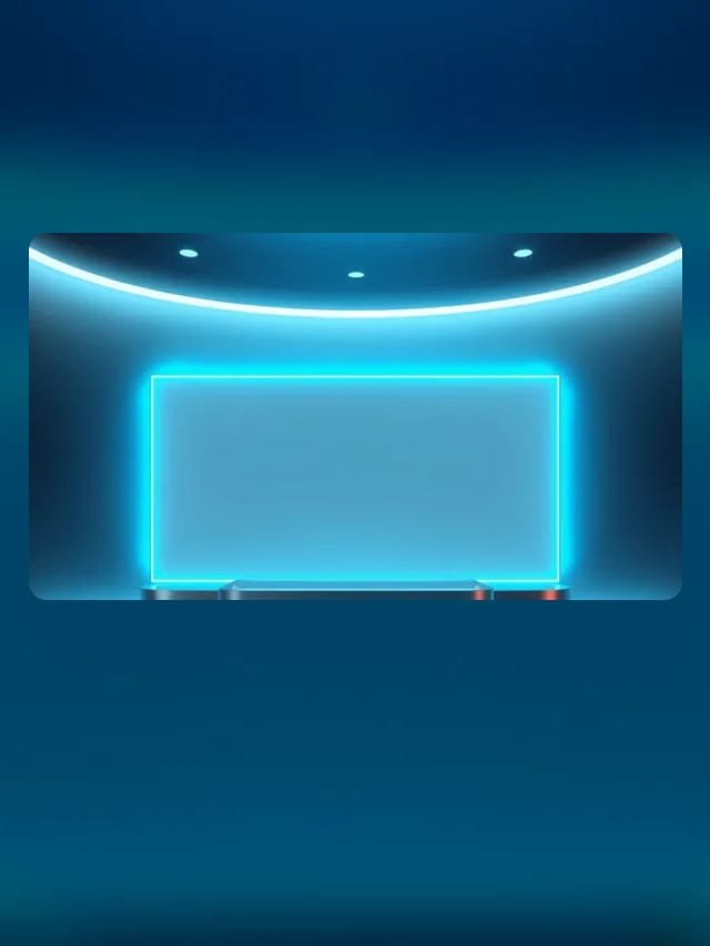 Moldura de tela em branco com luz ciano sobre um pedestal metálico