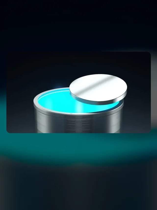Papelera de acero pulido con la tapa abierta y luz cian saliendo del interior