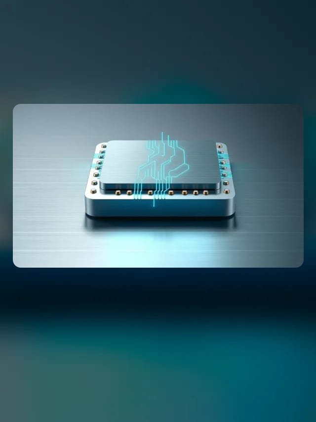Microchip metálico con pistas de circuito cian brillando sobre una superficie de acero cepillado