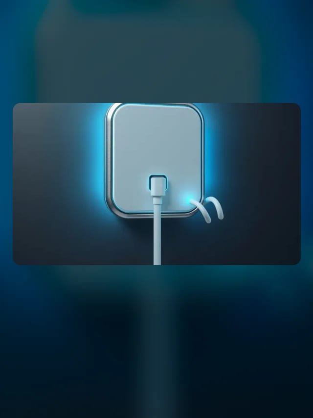 Cargador de pared brillante con un cable enrollado, que representa energía fluyendo del auto a la casa