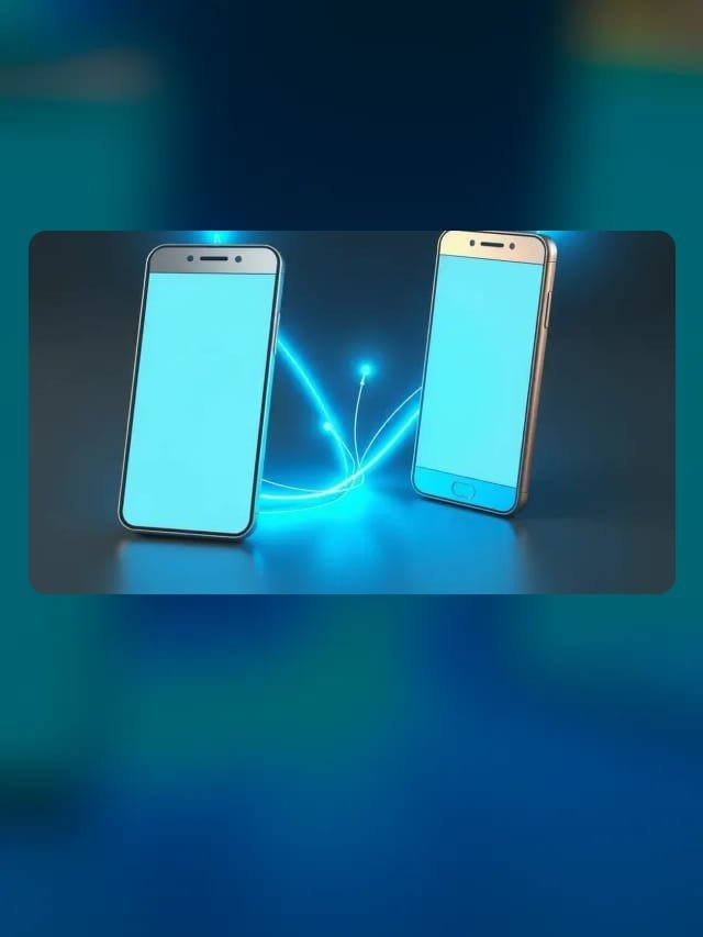 Dos celulares unidos por un haz de luz cian que transfiere datos