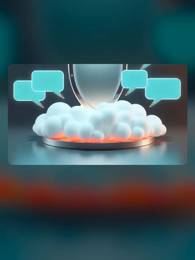 Escudo metálico protegiendo burbujas de chat que fluyen hacia una nube brillante
