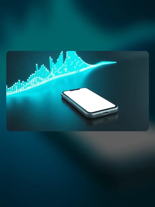 Onda de sonido luminosa en cian junto a un teléfono con la pantalla en blanco
