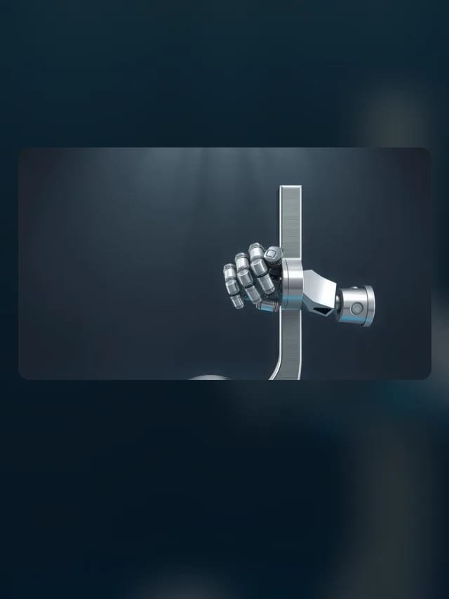 Mano robótica de metal cepillado sujetando una pieza con forma de nota musical